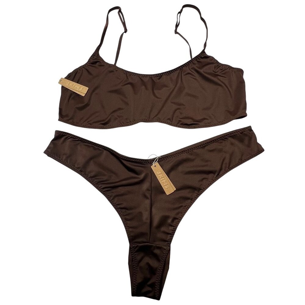 SKIMS Stretch Satin Scoop Neck Bralette + Cheeky‎ Tanga Cocoa 4X